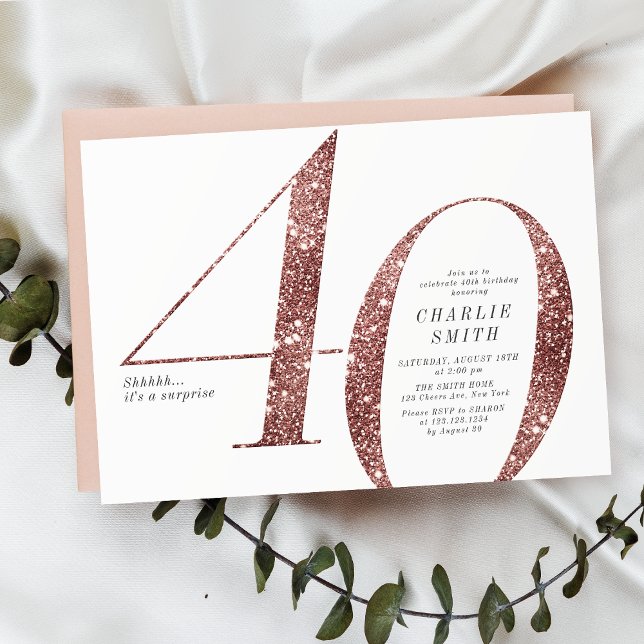 Moderne minimalistische Rose Gold Glitzer 40. Gebu Einladung (Modern minimalist rose gold glitter 40th birthday invitation)