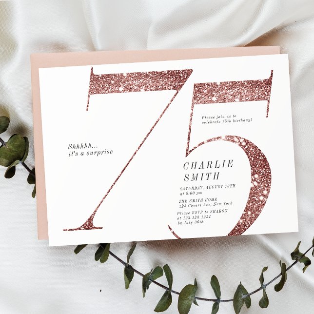 Moderne minimalistische Rose Gold Glitzer 75. Gebu Einladung (Modern minimalist rose gold glitter 75th birthday invitation)