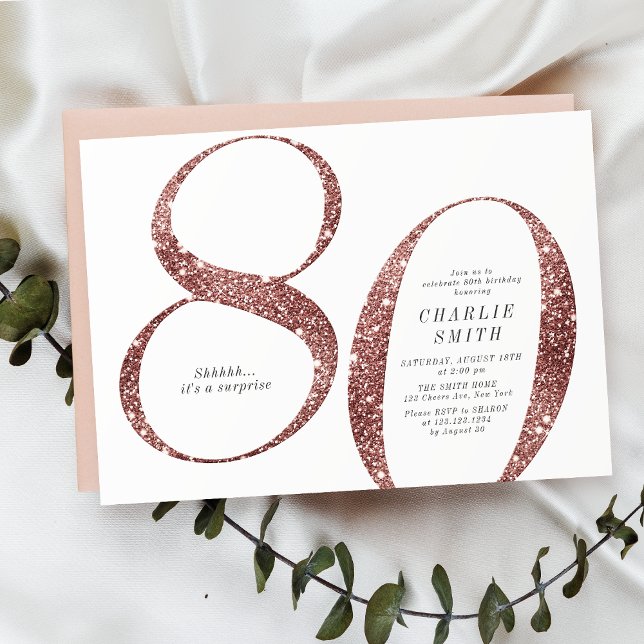 Moderne minimalistische Rose Gold Glitzer 80. Gebu Einladung (Modern minimalist rose gold glitter 80th birthday invitation)