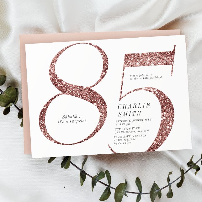 Moderne minimalistische Rose Gold Glitzer 85. Gebu Einladung (Modern minimalist rose gold glitter 85th birthday invitation)