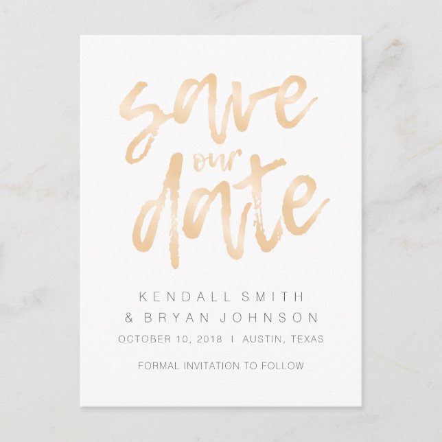 Moderne Minimalistische Rose Gold Save the Date Ankündigungspostkarte (Vorderseite)
