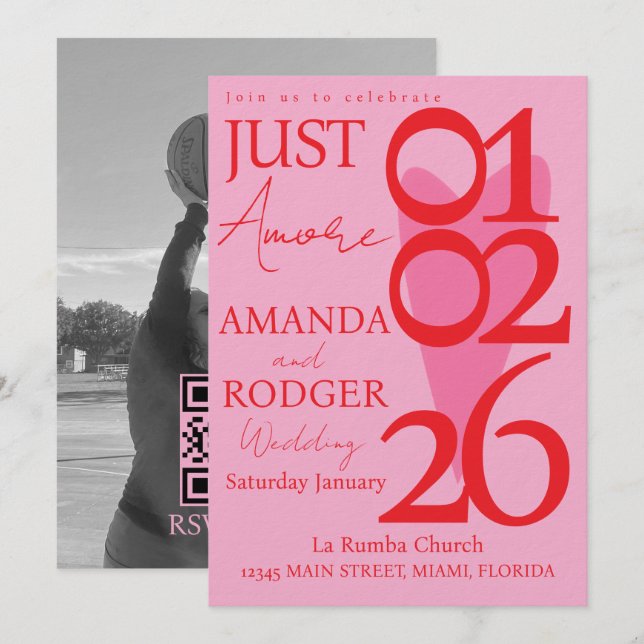 Moderne minimalistische rote rosa Herz Foto Hochze Einladung (Vorne/Hinten)