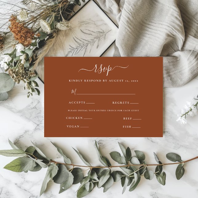 Moderne Minimalistische Schrift Hochzeit Terracott RSVP Karte (Von Creator hochgeladen)