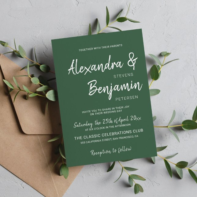 Moderne minimalistische Schrift smaragdgrüne Hochz Einladung (Von Creator hochgeladen)