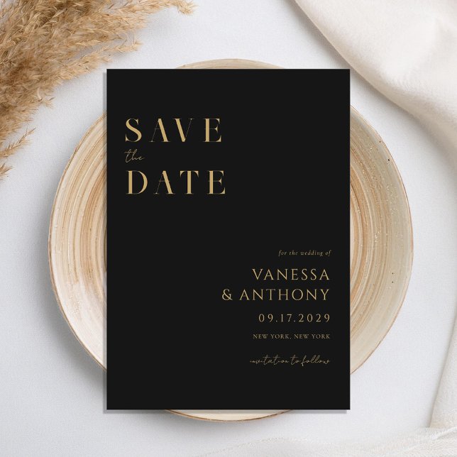 Moderne Minimalistische Schwarz-Gold-Hochzeit Save The Date (Von Creator hochgeladen)