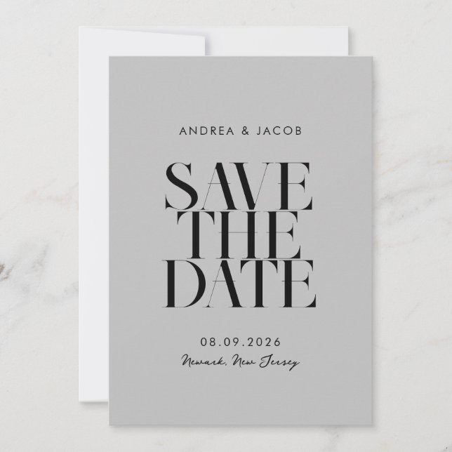 Moderne Minimalistische Schwarz-Grau-Chic-Hochzeit Save The Date (Vorderseite)