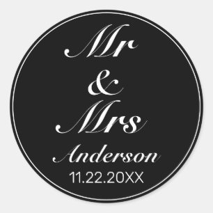 Moderne Minimalistische Schwarz MR MRS. Wedding Runder Aufkleber
