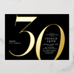 Moderne minimalistische Schwarz und Gold 30. Gebur Folieneinladung<br><div class="desc">Die moderne,  minimalistische Party Einladung zum 30. Geburtstag bietet eine stilvolle Goldfolie Nr. 30 und Ihre Party-Details in klassischem Serif-Schriftart auf schwarzem Hintergrund,  einfach und elegant,  große Überraschungsmeilenstein für Männer und Frauen.</div>