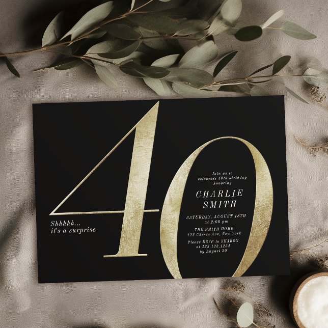 Moderne minimalistische Schwarz und Gold 40. Gebur Einladung (Modern minimalist black and gold 40th birthday invitation)