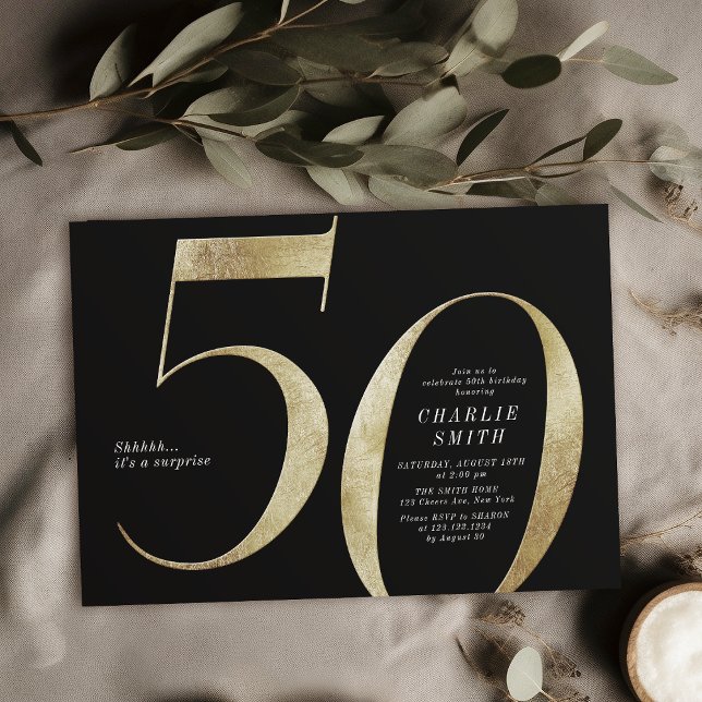 Moderne minimalistische Schwarz und Gold 50. Gebur Einladung (Modern minimalist black and gold 50th birthday invitation)