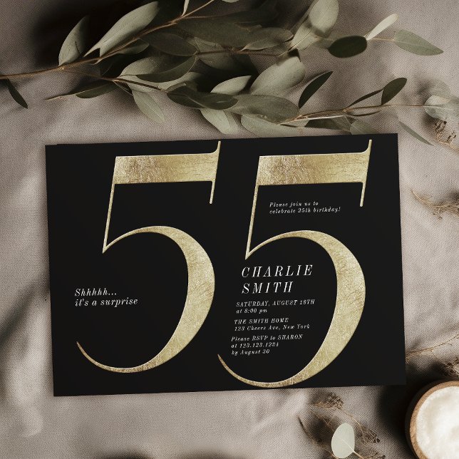 Moderne minimalistische Schwarz und Gold 55. Gebur Einladung (Modern minimalist black and gold 55th birthday invitation)