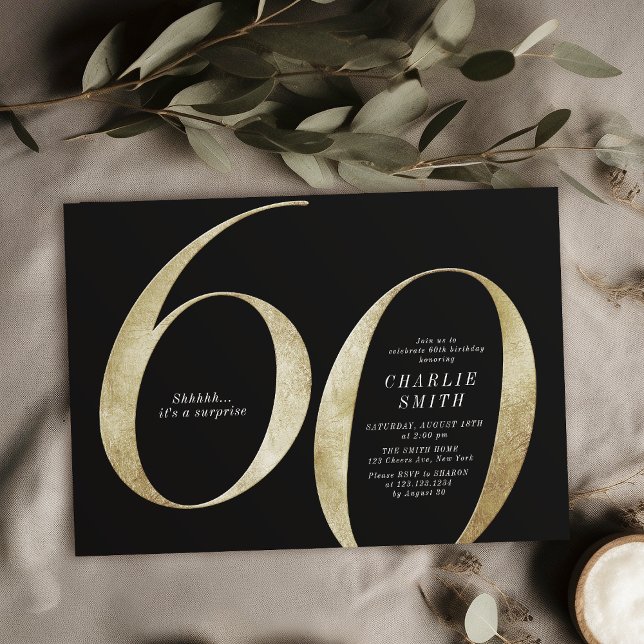 Moderne minimalistische Schwarz und Gold 60. Gebur Einladung (Modern minimalist black and gold 60th birthday invitation)