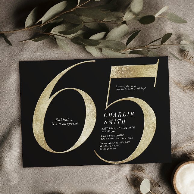 Moderne minimalistische Schwarz und Gold 65. Gebur Einladung (Modern minimalist black and gold 65th birthday invitation)