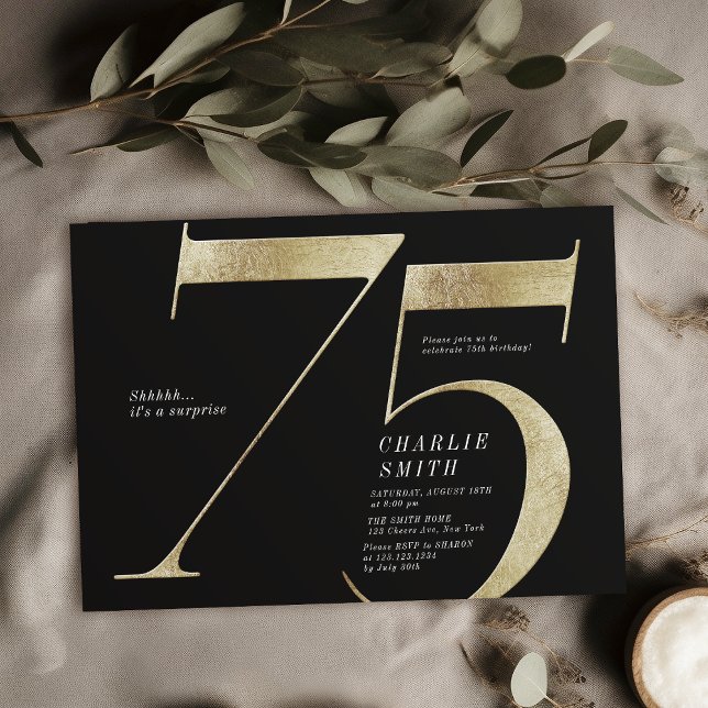 Moderne minimalistische Schwarz und Gold 75. Gebur Einladung (Modern minimalist black and gold 75th birthday invitation)