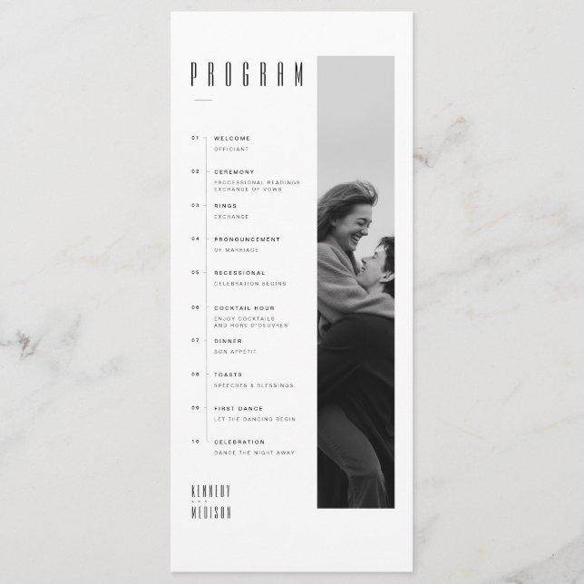 Moderne Minimalistische Schwarz-Weiß-Foto-Hochzeit Programm (Vorderseite)