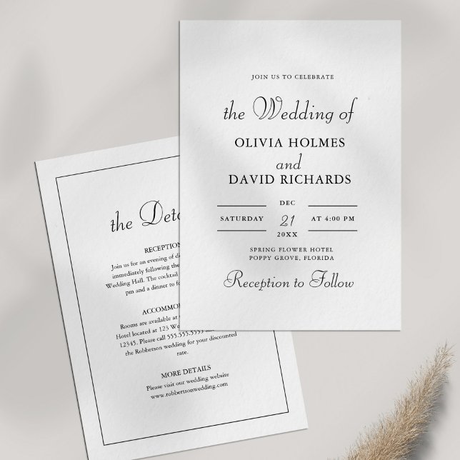 Moderne Minimalistische Schwarz-Weiß-Hochzeit Einladung (Modern Minimalist Black and White Wedding Invitation on white table with dry wildflower.)