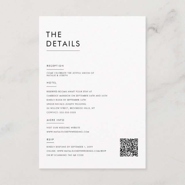 Moderne Minimalistische Schwarz-Weiß-Hochzeitsdeta Begleitkarte (Vorderseite)