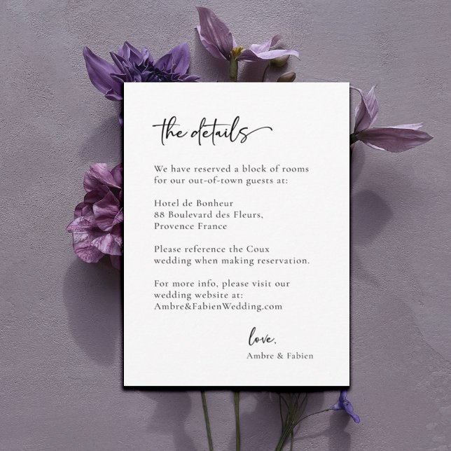 Moderne Minimalistische Schwarz-Weiß-Hochzeitsdeta Einladung (Von Creator hochgeladen)