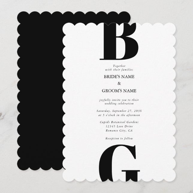 Moderne Minimalistische Schwarz-Weiß-Monogramm-Hoc Einladung (Vorne/Hinten)