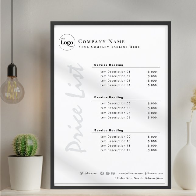Moderne Minimalistische Schwarz-Weiß-Preisliste (Modern Minimalist Black and White Price List)