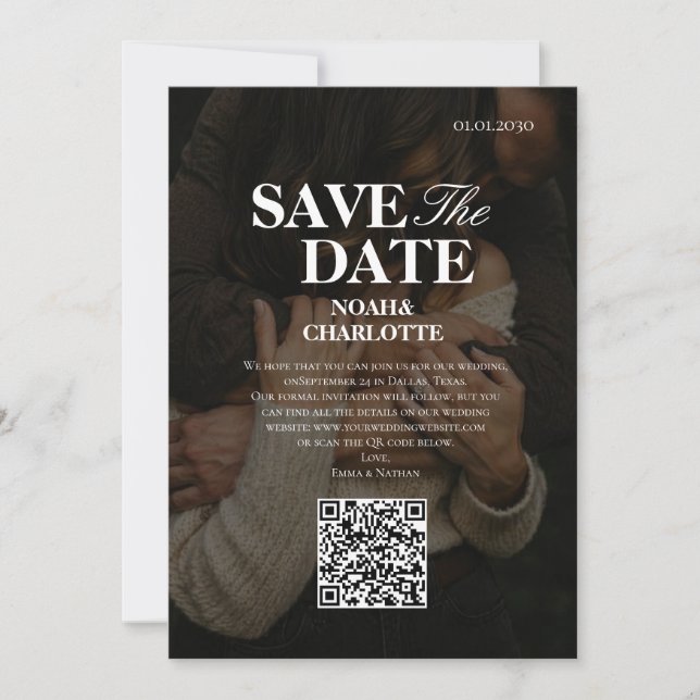 Moderne minimalistische Schwarz-Weiß-QR-Code-Hochz Save The Date (Vorderseite)