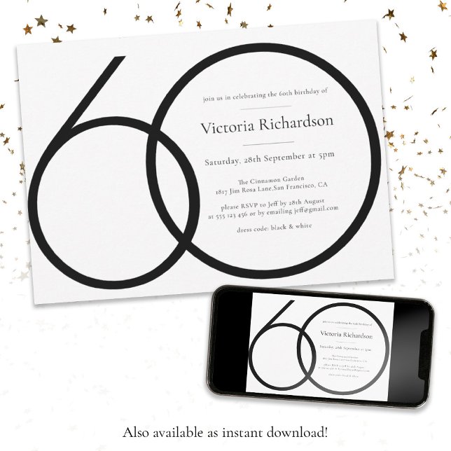 Moderne Minimalistische Schwarz-weiße 60. Geburtst Einladung (60th Birthday Classy Modern Minimalist Black White Invitation)