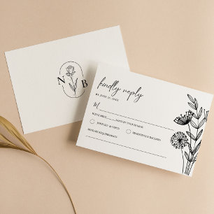 Moderne Minimalistische Schwarz-weiße Blumenhochze RSVP Karte