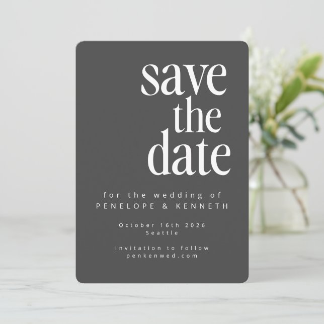 Moderne Minimalistische Schwarz-weiße, fette Hochz Save The Date (Stehend Vorderseite)