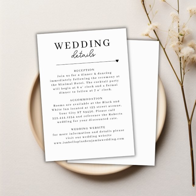 Moderne Minimalistische Schwarz-weiße Hochzeitskar Einladung (Modern Minimalist Black White Wedding Details Card)
