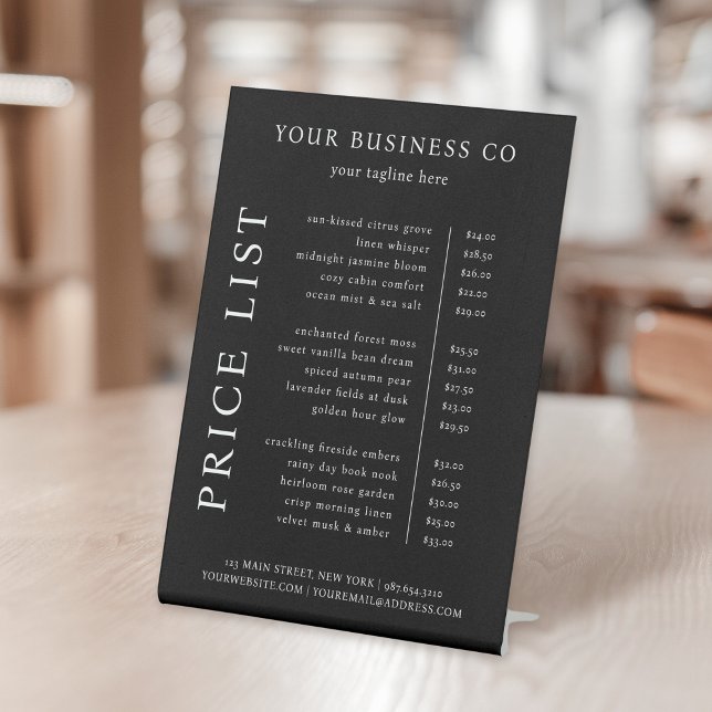Moderne Minimalistische Schwarz-weiße Preisliste Sockelschild (Von Creator hochgeladen)