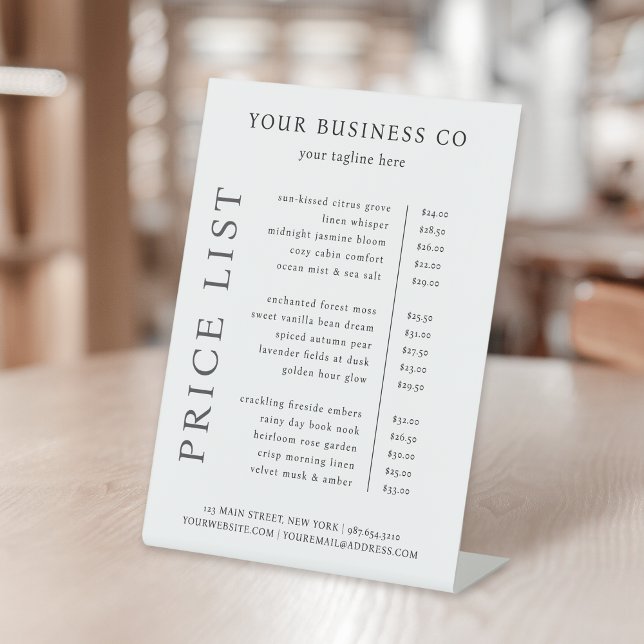 Moderne Minimalistische Schwarz-weiße Preisliste Sockelschild (Von Creator hochgeladen)