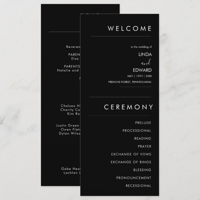 Moderne Minimalistische Schwarze Hochzeit Programm (Vorne/Hinten)