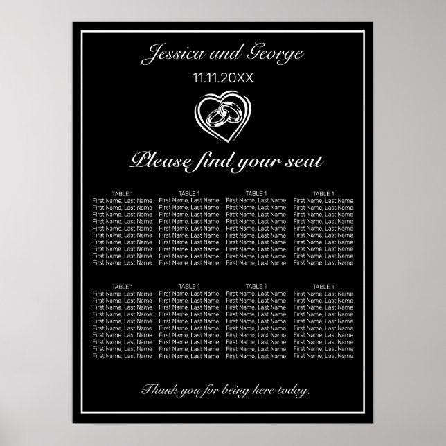 Moderne Minimalistische schwarze Hochzeitstabelle Poster (Vorne)