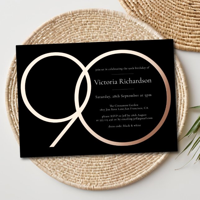 Moderne Minimalistische Schwarze Rose Gold 90. Geb Folieneinladung (Modern Minimalist Black Rose Gold 90th Birthday Foil Invitation)