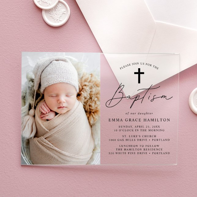 Moderne Minimalistische Schwarze Schrift Foto Tauf Acryleinladungen (Von Creator hochgeladen)