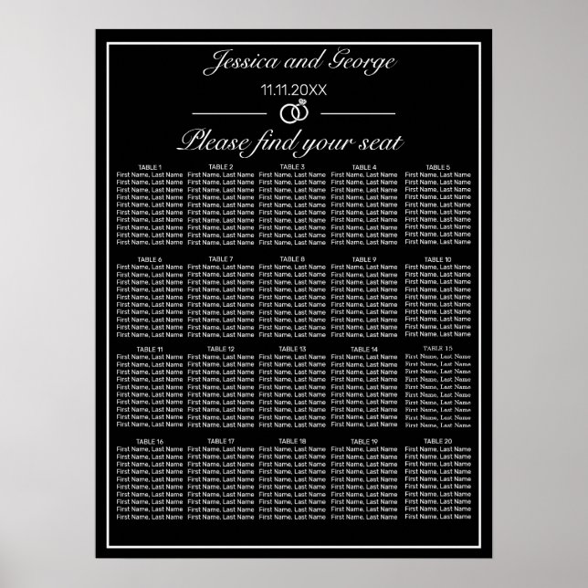 Moderne Minimalistische schwarze Sitzkarte 20 Tisc Poster (Vorne)