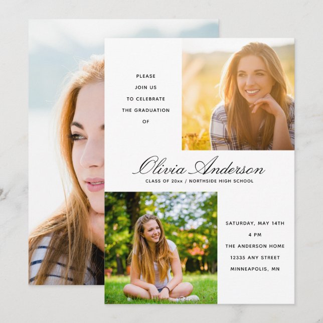 Moderne Minimalistische Script 3 Foto Graduation P (Vorne/Hinten)