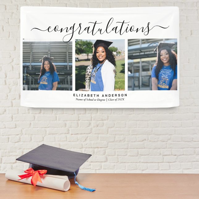 Moderne Minimalistische Script 3 Foto Graduation P Banner (Von Creator hochgeladen)