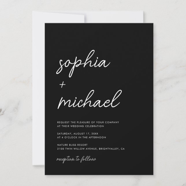 Moderne Minimalistische Script Black Wedding Einladung (Vorderseite)