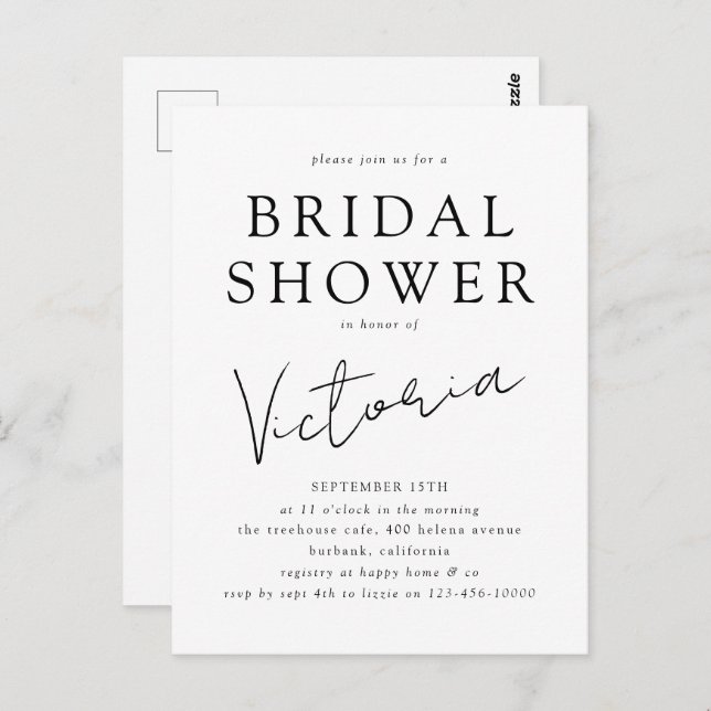 Moderne Minimalistische Script Bridal Dusche Einla Postkarte (Vorne/Hinten)
