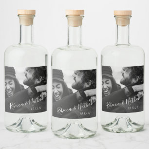 Moderne Minimalistische Script Custom Foto Hochzei Alkoholflaschenetikett
