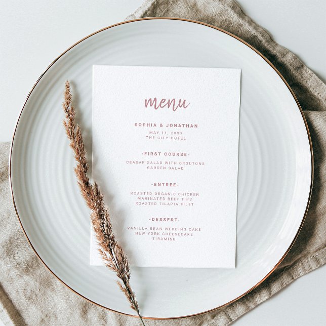 Moderne Minimalistische Script-Dusty-Rose | Hochze Menükarte (A simple and modern wedding menu in white and dusty rose)