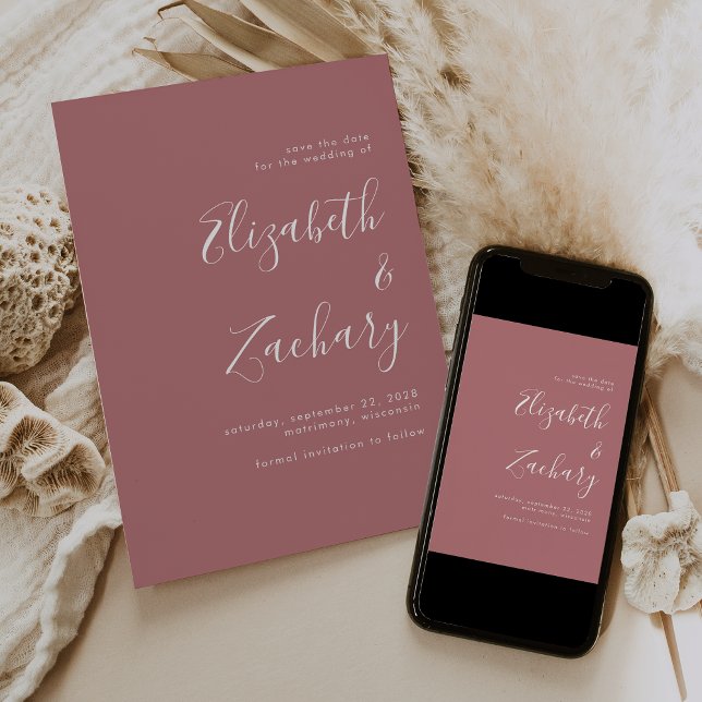 Moderne Minimalistische Script Dusty Rose Save the Ankündigung (Von Creator hochgeladen)