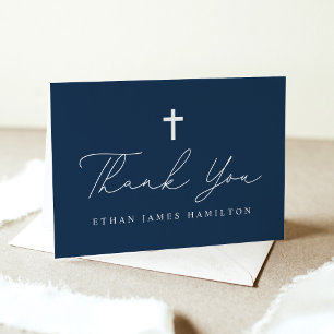 Moderne Minimalistische Script Navy Blue Foto Tauf Dankeskarte