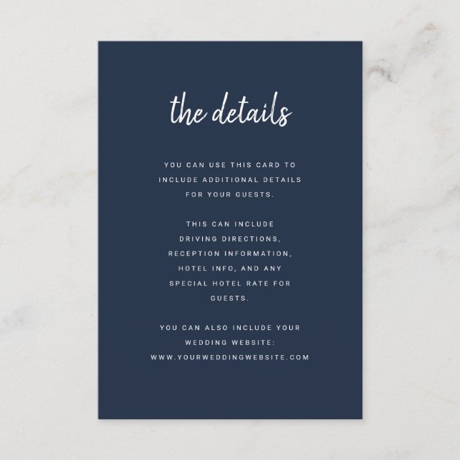 Moderne Minimalistische Script Navy Blue Hochzeitd Begleitkarte (Vorderseite)