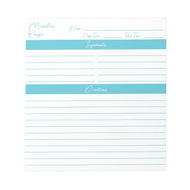 Moderne Minimalistische Script Ocean Blue Rezepte Notizblock (Vorderseite)