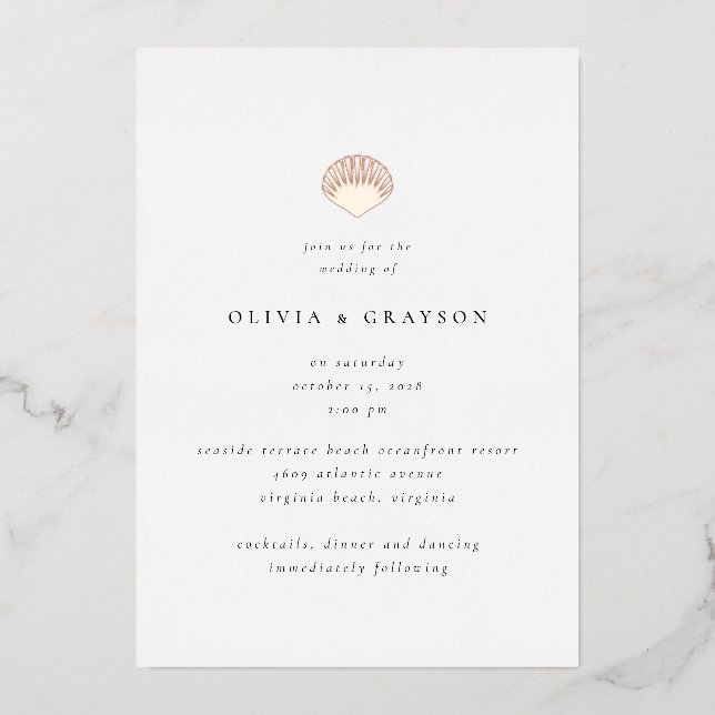 Moderne Minimalistische Seashell Wedding Foil Wedd Folieneinladung (Vorderseite)
