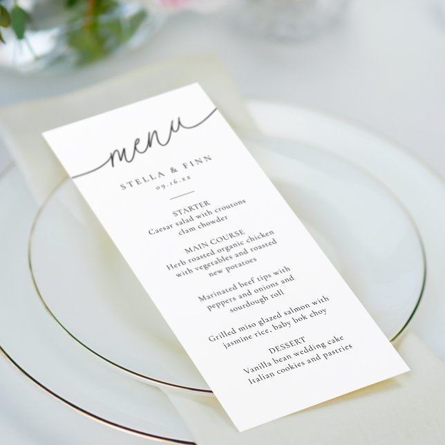 Moderne Minimalistische Skripthochzeit Menükarte (Modern Minimalist Script Wedding Menu)
