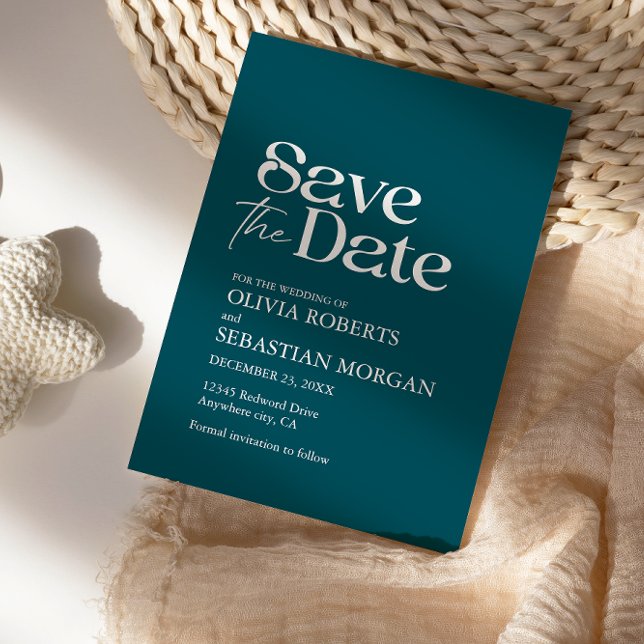 Moderne Minimalistische Typografie Tiefe Aquamarin Save The Date (Von Creator hochgeladen)