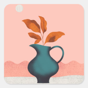 Moderne Minimalistische Vase mit Blätter Art Print Quadratischer Aufkleber